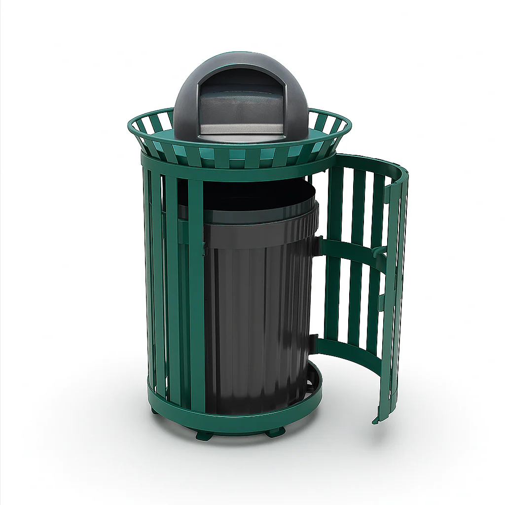 45 Gallon Side Opening Slatted Commercial Trash Receptacle With Dome Lid & Liner - Image 4