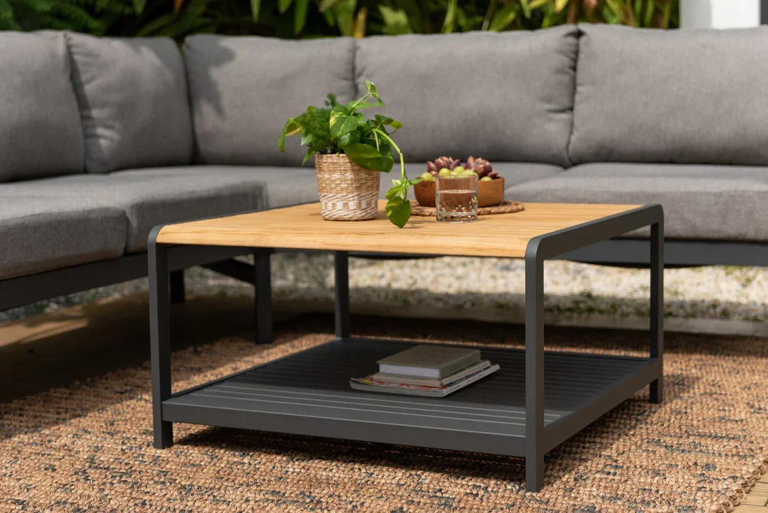 Capri Commercial Coffee Table - Aluminum with Teak Top - Image 3