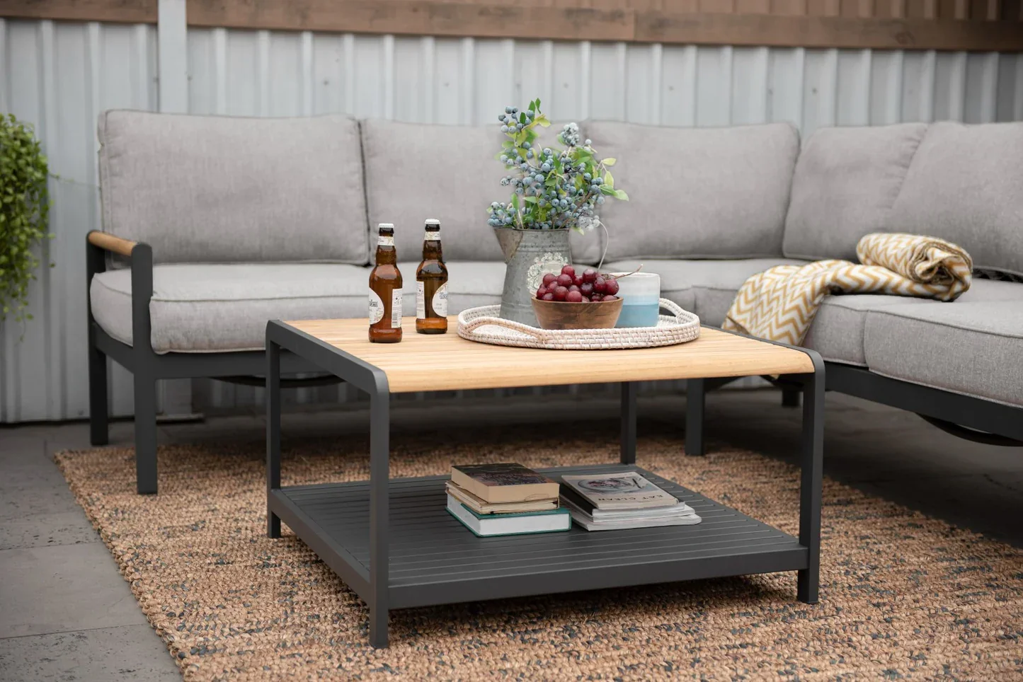 Capri Commercial Coffee Table - Aluminum with Teak Top - Image 4