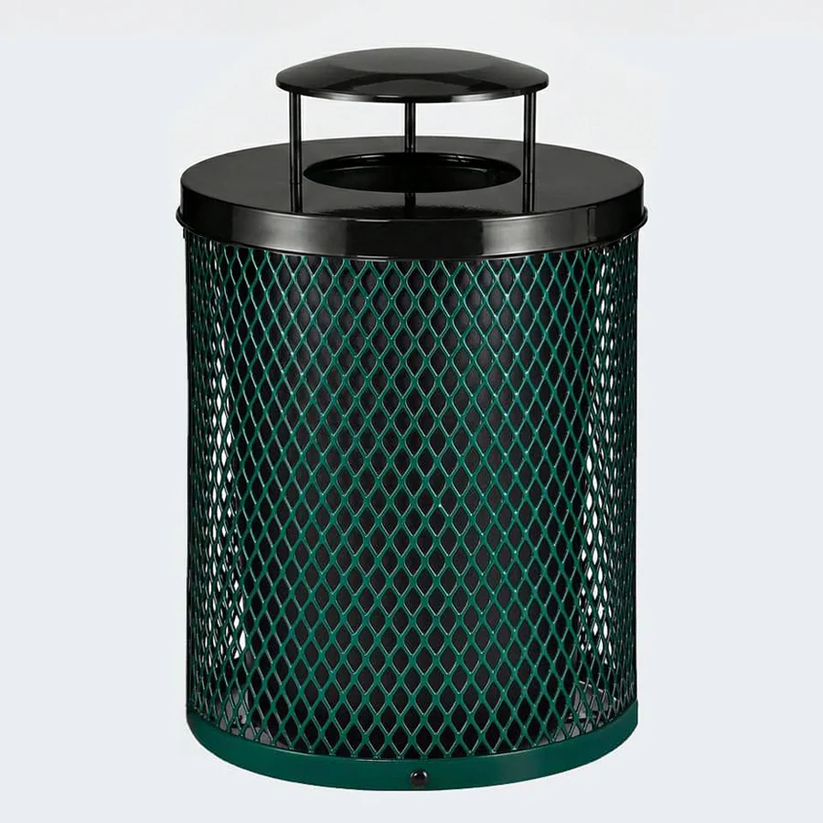 Commercial 36 Gallon Diamond Steel Trash Can With Rain Bonnet Lid, Liner & Base - Outdoor - Image 4