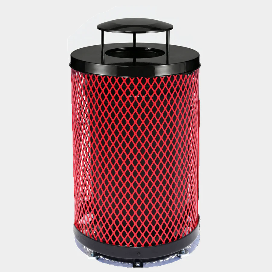 Commercial 36 Gallon Diamond Steel Trash Can With Rain Bonnet Lid, Liner & Base - Outdoor - Image 5