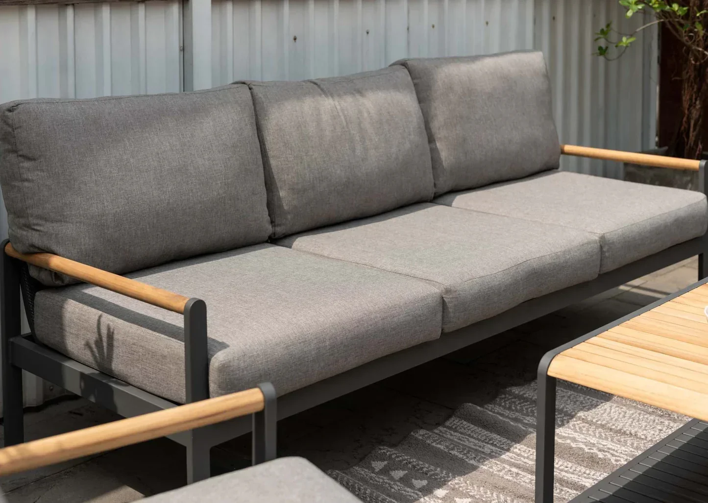 Capri Commercial Cushioned Patio Sofa - Aluminum with Teak Arms - Image 3