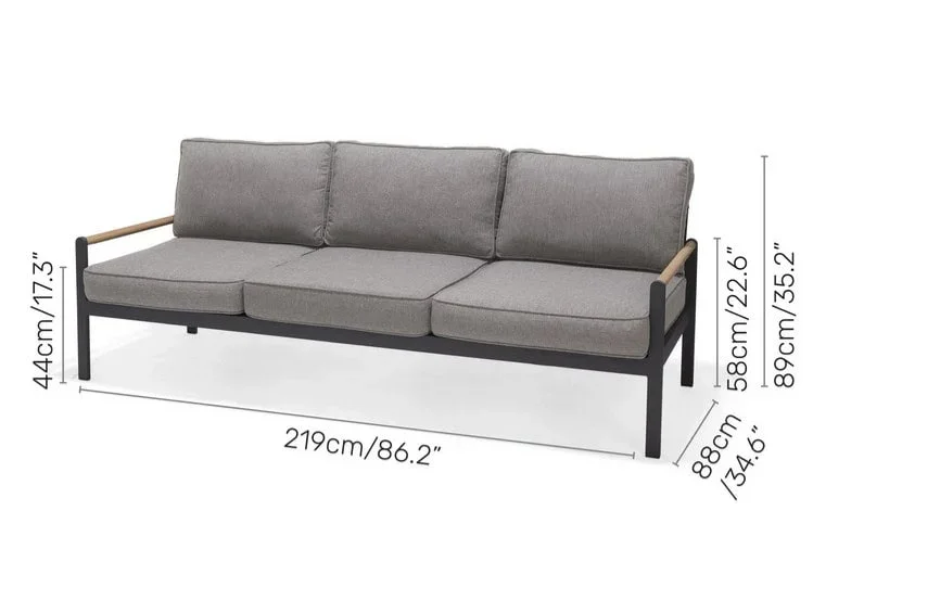 Capri Commercial Cushioned Patio Sofa - Aluminum with Teak Arms - Image 4