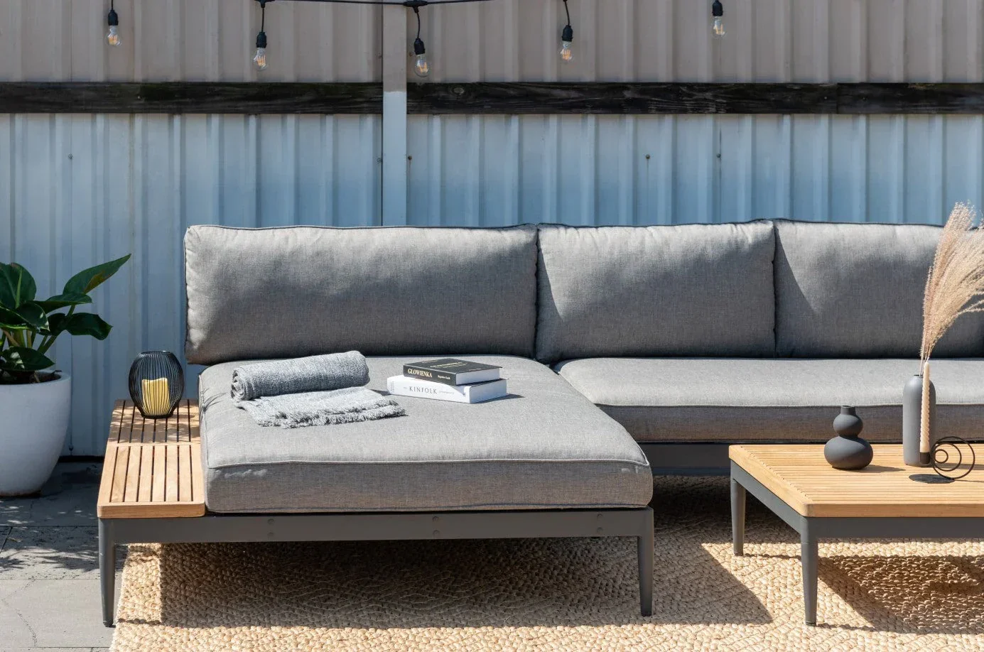 Lucia 2 Piece Commercial Deep Seating Chaise Lounge Bed Set With Table - Aluminum & Teak - Image 3