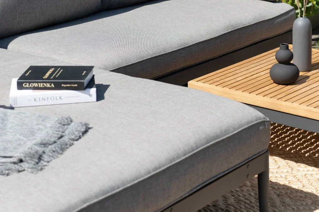 Lucia 2 Piece Commercial Deep Seating Chaise Lounge Bed Set With Table - Aluminum & Teak - Image 4