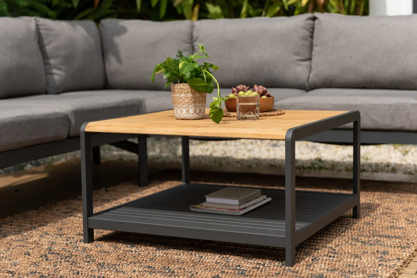 Capri 4 Piece Commercial Deep Seating Patio Sectional Set- Aluminum with Teak Accents - Image 5