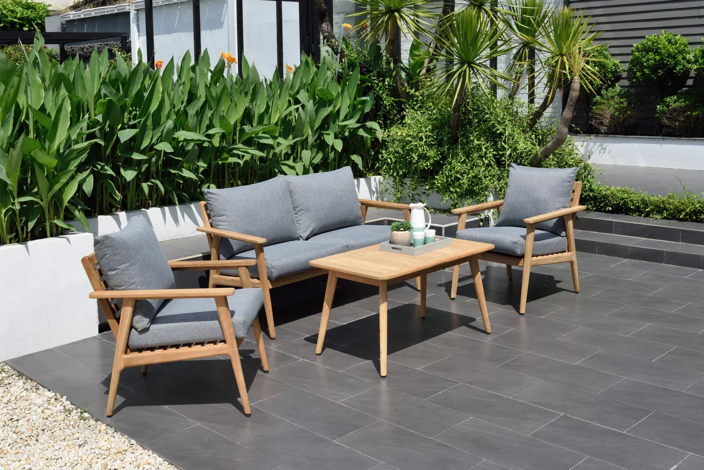 Flores 4 Piece Deep Seating Cushioned Conversation Set - Teak Patio Sofa Set - Image 4
